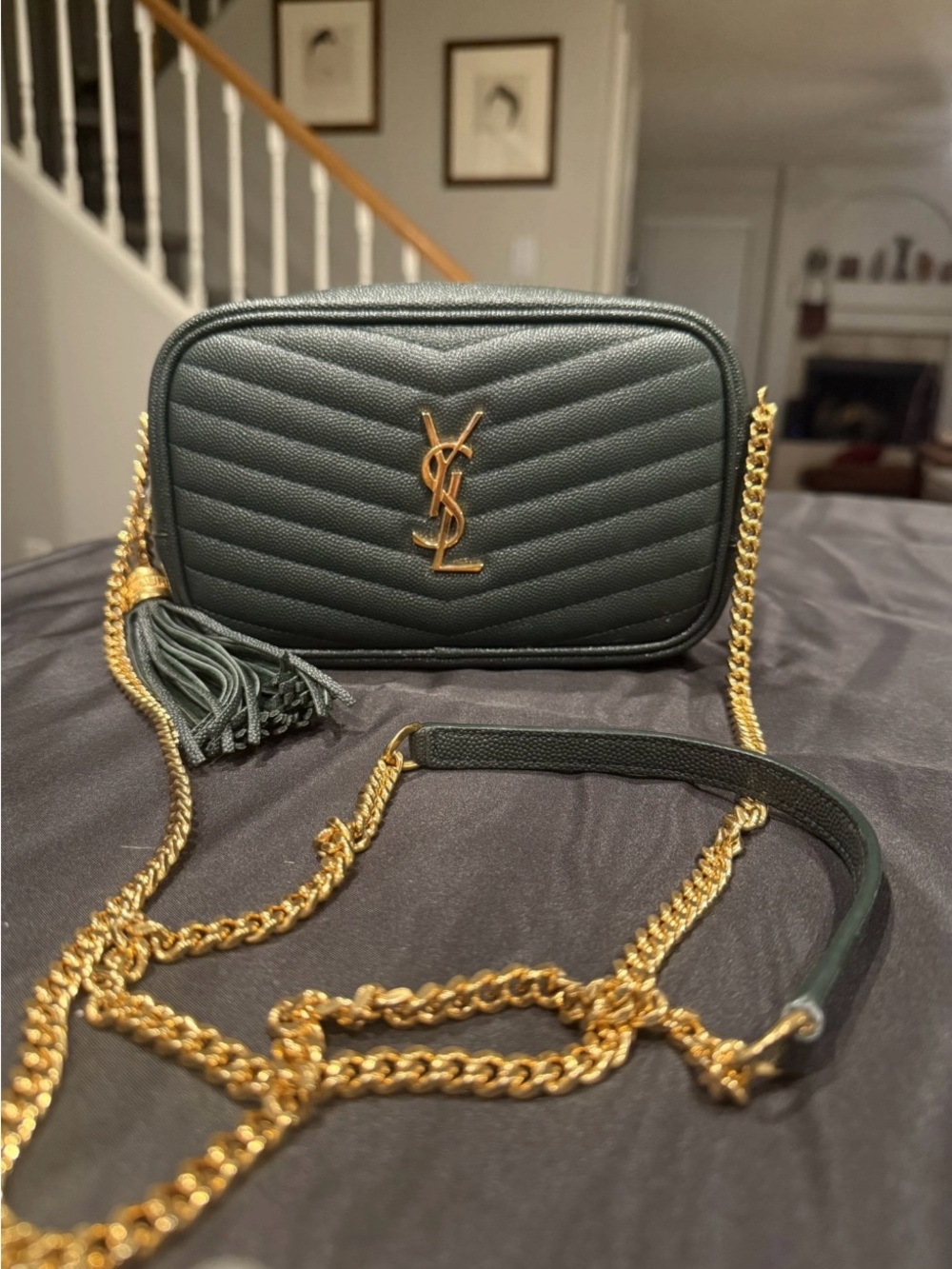 Saint Laurent Dark Olive Quilted Camera Crossbody with Gold Hardware - Picture 12 of 15